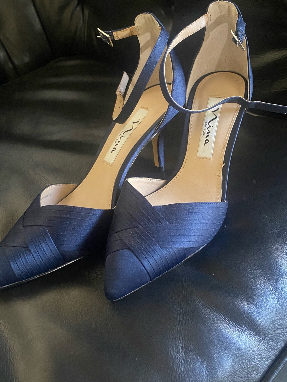 Nina Navy Blue Pointed-Toe Ankle-Strap Heels